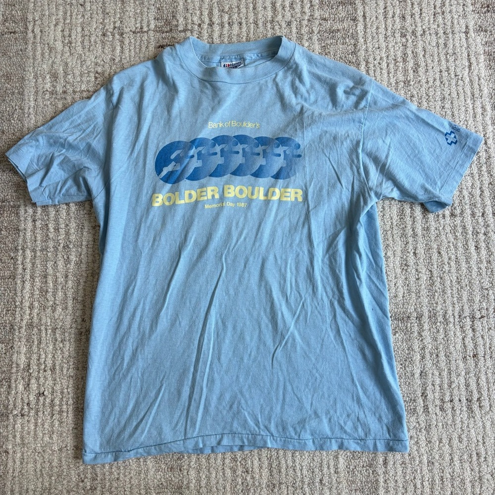 1987 Bolder Boulder 10K Race T-Shirt Hanes Beefy-T Blue Large USA Made